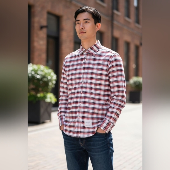 THOM BROWNE, RED WHITE BLACK PLAID SHIRT, SIZE 2 EUC - Picture 1 of 7